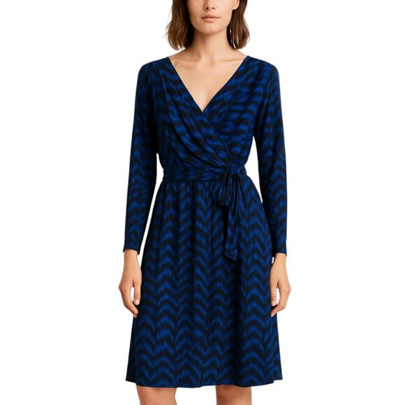 Jones New York Dress US 10 Blue Black Faux Wrap Chevron - Picture 1 of 11